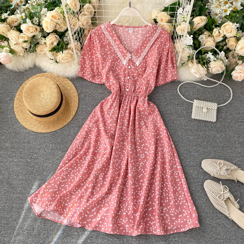 Летнее платье для женщин 2020 новый стиль милое с принтом сердца винтажное