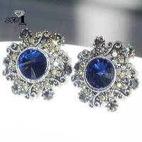 yayi jewelry blue glass flower dangle women ancient gold color wear ear band tassel wedding stud drop hoop clip earrings
