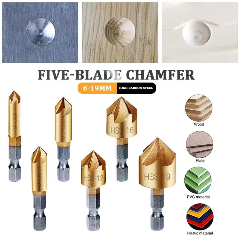 

Gold High Carbon Steel Countersunk Drill Five Blade Chamfer Strong Woodworking Tools Punching Carpenter Cork Drilling