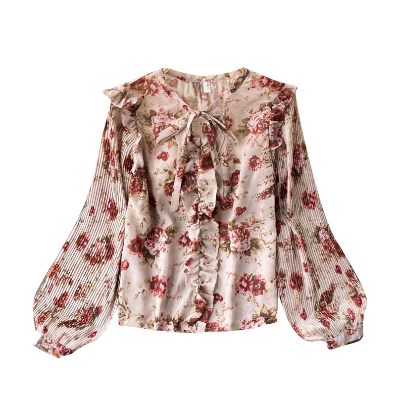 

Korean Sweet Floral Blouse Women Fashion Pleated Puff Sleeve O Neck Ruffles Tops Autumn Casual Loose Bohemian Blouses