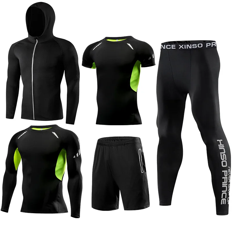 Fitness suit men's basketball tights training suit running gym fast dry spring and autumn five-piece set