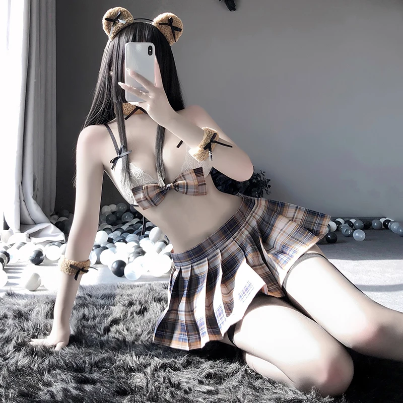 

Janpense Student JK Uniform Women Cosplay Lingeries Plaid Pleated Miniskirt with Bra Erotic Dress Role Play Sexy Outfit