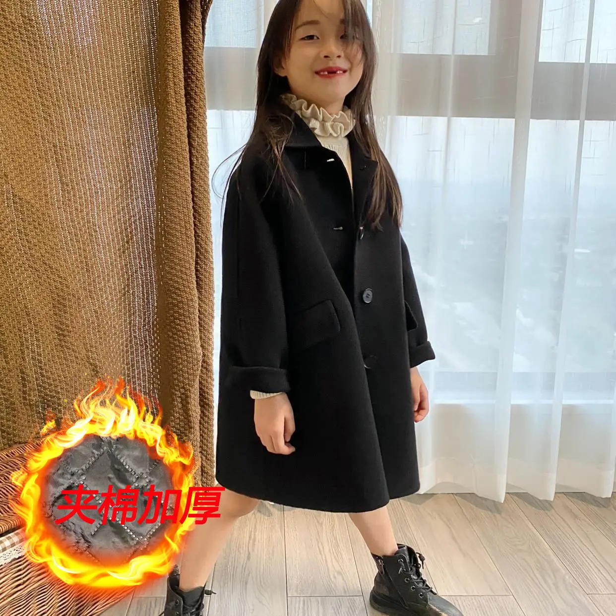 

Boys Girls Double-sided Cashmere Coat Teenager 4-14t Winter Cashmere Outerwear Children Clothing Snowsuit Woolen Blends Black