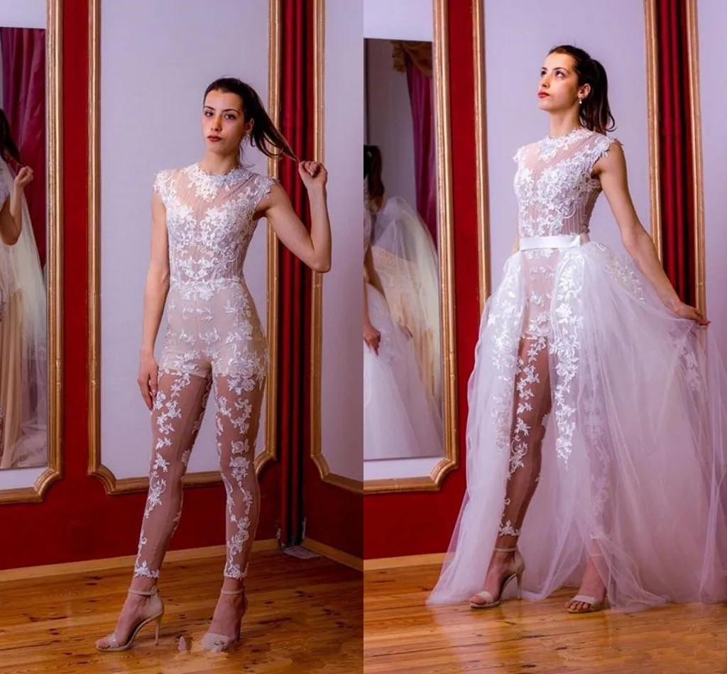 

Sexy Illusion Jumpsuit Wedding Dress Full Lace Appliques Gorgeous Bride Gown With Detachable Train Pant Suit Robe De MariÃ©e