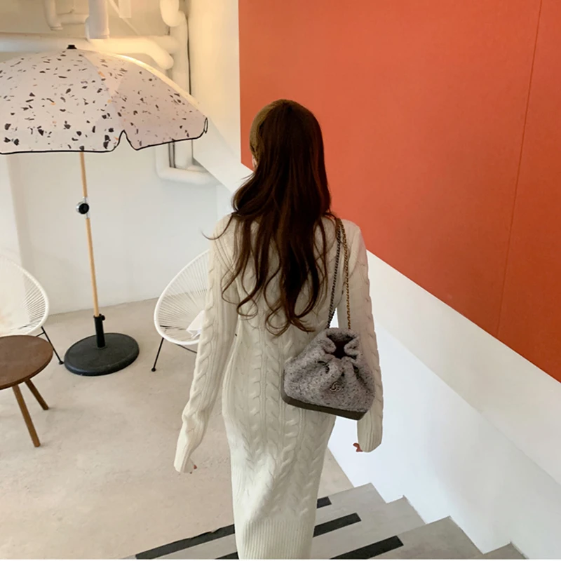 

Spring Korean Style Women Temperament V-Neck Solid Color Slim Long Sleeve Knitted Twist Sweater Bottoming Dress 2021 New