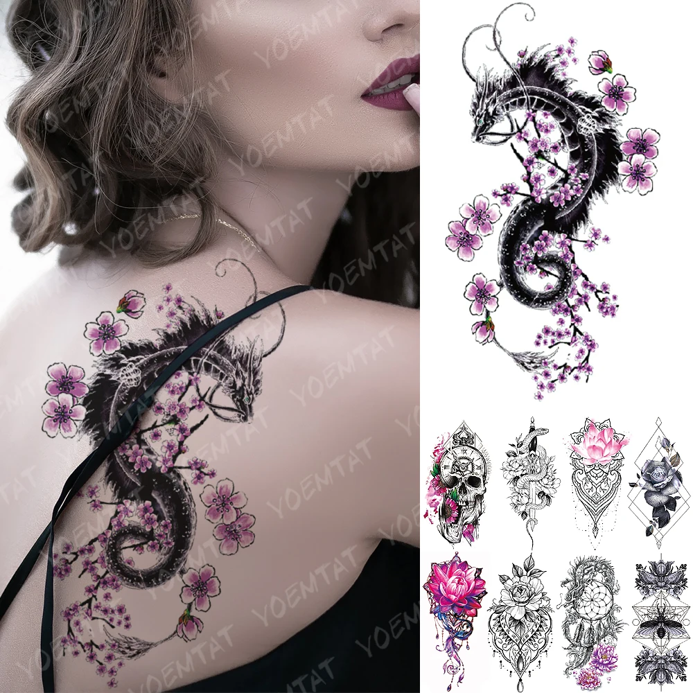 

Waterproof Temporary Tattoo Sticker Pink Lotus Rose Lace Flowers Flash Tattoos Snake Dragon Body Art Arm Fake Tatoo Women Men