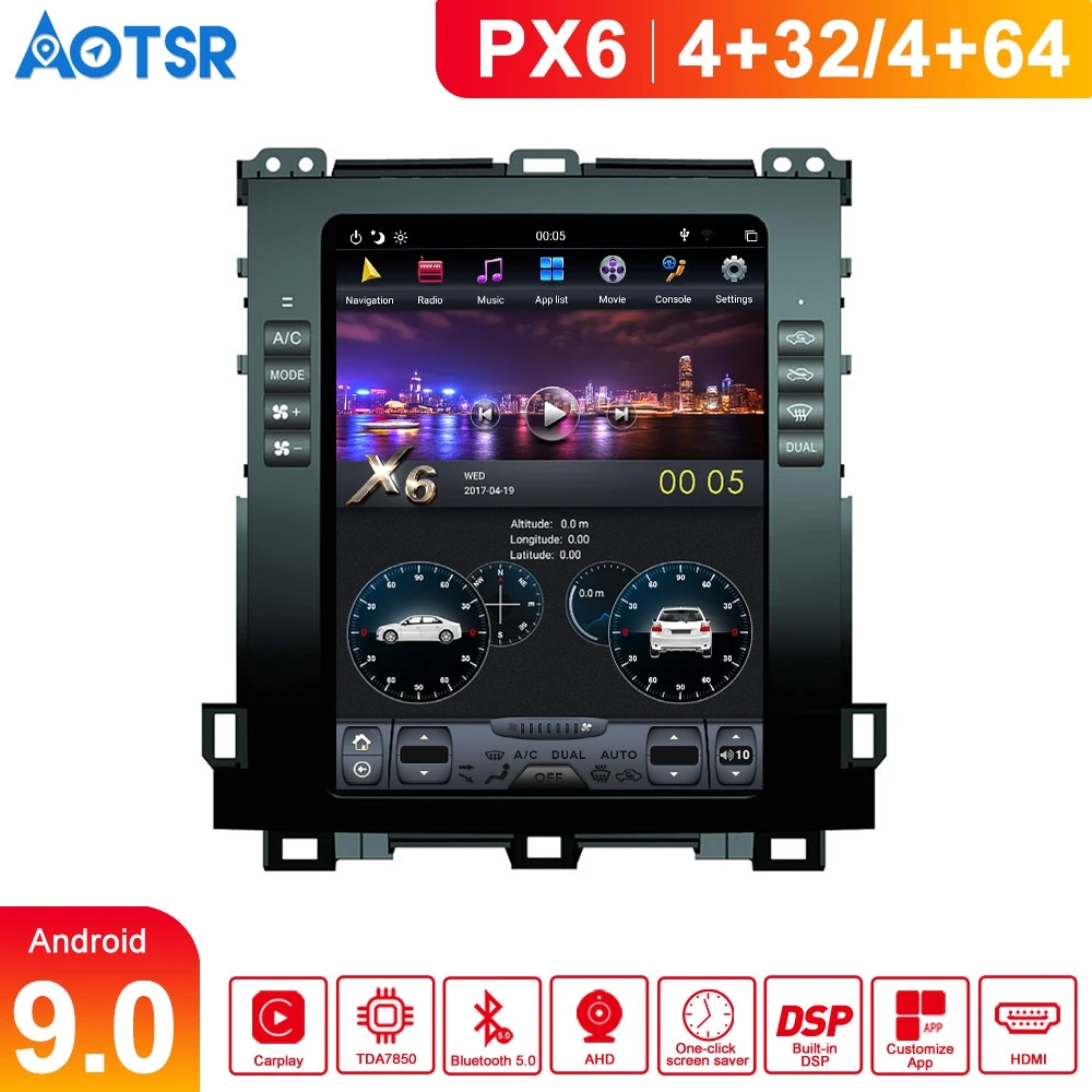

Автомобильный GPS-навигатор PX6 128 ГБ в стиле Tesla Android 9,0 для Toyota Land Cruiser Prado для Lexus GX470 2002-2009 головное устройство мультимедиа
