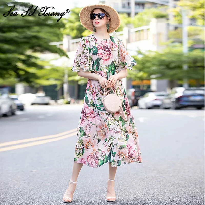 

Seasixiang Designer Summer Vocation Beach Dresses Women's Elegant O-Neck Half Sleeve Flower Printed Midi Holiday Dresses
