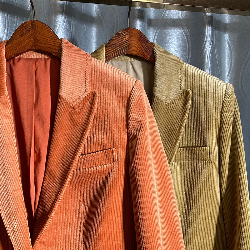 Autumn New Spring Suit Jacket Women's Corduroy Orange Small Suit Corduroy Casual Temperament Self-Cultivation One-button Jacket