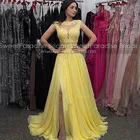 Женское шифоновое платье подружки невесты, желтое ТРАПЕЦИЕВИДНОЕ ПЛАТЬЕ с аппликацией из бисера, длинное прозрачное платье с Боковым Разрезом, платье для выпускного вечера и вечеринки