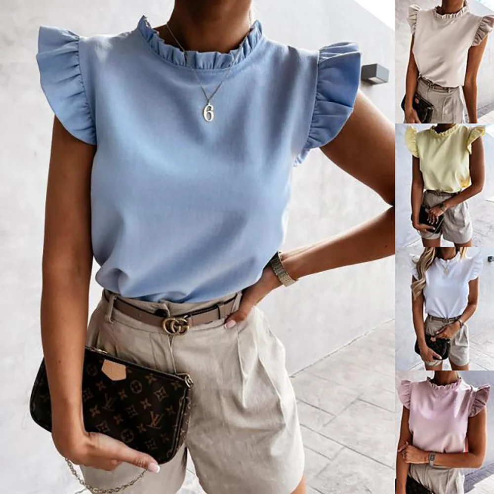 

Summer Fashion Sleeveless Woman T Shirt 2021 New Casual Ruffled O-neck Loose Plus Size Candy Color All-match Shirt Tops