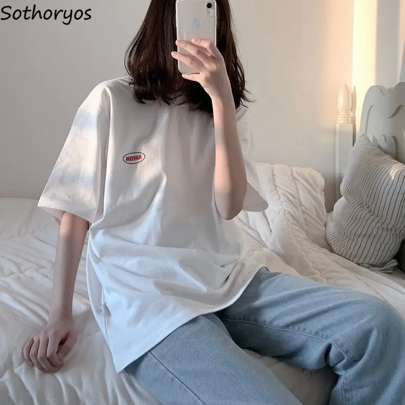 

Футболка женская короткая с рукавом 3/4, Свободная Повседневная Базовая Универсальная простая Студенческая рубашка с круглым вырезом и надп...