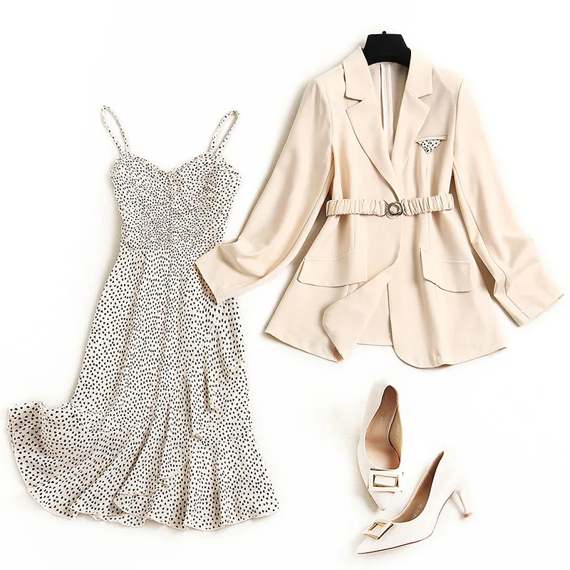 

2021 Hot Selling Women Dress Sets Solid Color Jacket Sashes Fashion Lady Casul Wear Wave Point Printing Mini Slip Skirt Summer