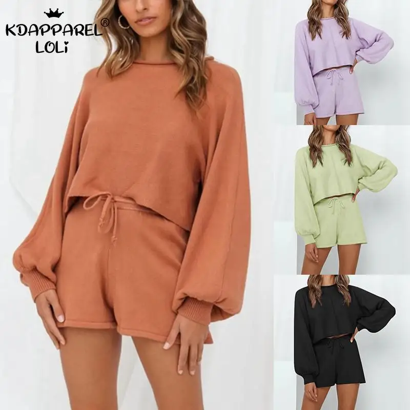 

2021 New Casual Women Knitted Set Lantern Long Sleeve Crop Top Drawstring Shorts 2-Piece Suit Spring Autumn Sweater Solid Female
