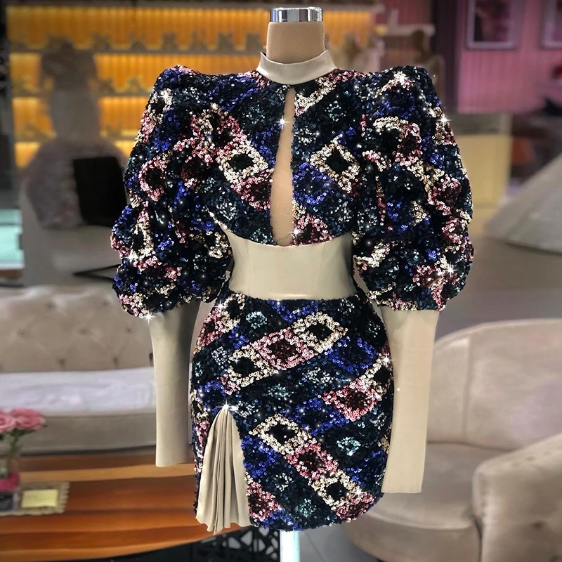 

Sexy Sequins Short Prom Dress Knee Length Long Sleeves robes de cocktail Aso Ebi African Formal Evening Party Club Wear