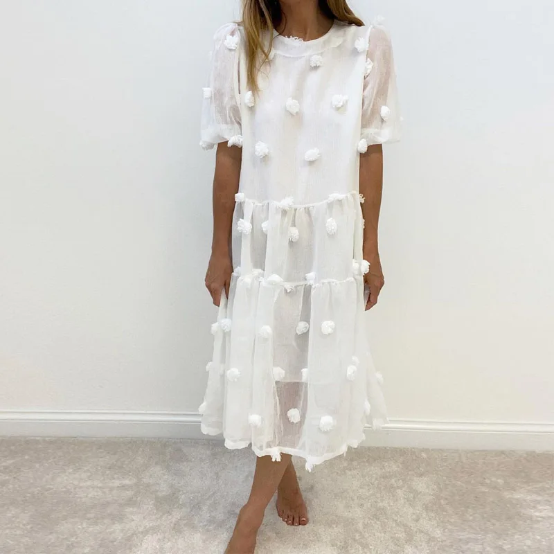 

Summer Women Fashion Solid Loose Long Dress New Elegant Tassel Ball Mesh Party Dresses Casual Solid Beach Loose Dress Vestidos