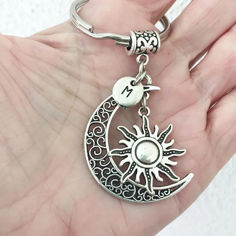 

Hollow Sun and Moon Keychain Crescent Keychain 26 English Letter Keychain Gifts for Boy and Girl Friends