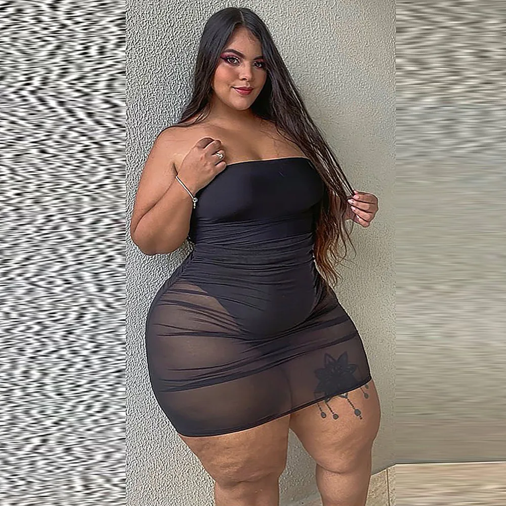 

2XL-5XL Plus Size Mesh Sheer Perspective Dress Summer Clothing for Women Off The Shoulder Strapless Party Clubwear Sheath Dress