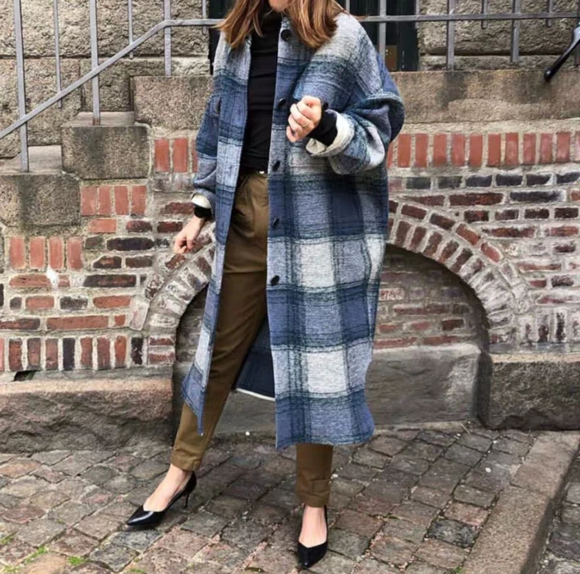 Женское шерстяное пальто в клетку повседневное Свободное длинное с длинным