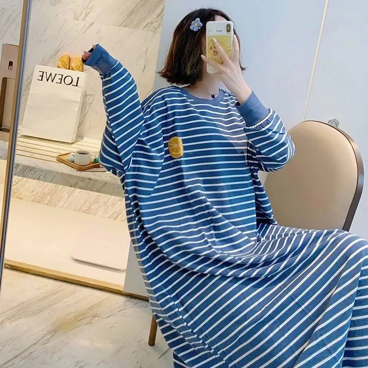 PLUS SIZE Women Long Nightdress Sleepwear Spring Autumn Long Nightgown Nightwear Loose Bathrobe Striped Home Dress 5XL
