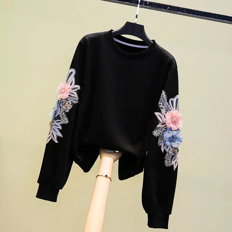 

Flower Embroidered Pullover Hoodies Women's 2021 Autumn Winter New Loose-Fit SweatShirt 3D Flower Hoodie