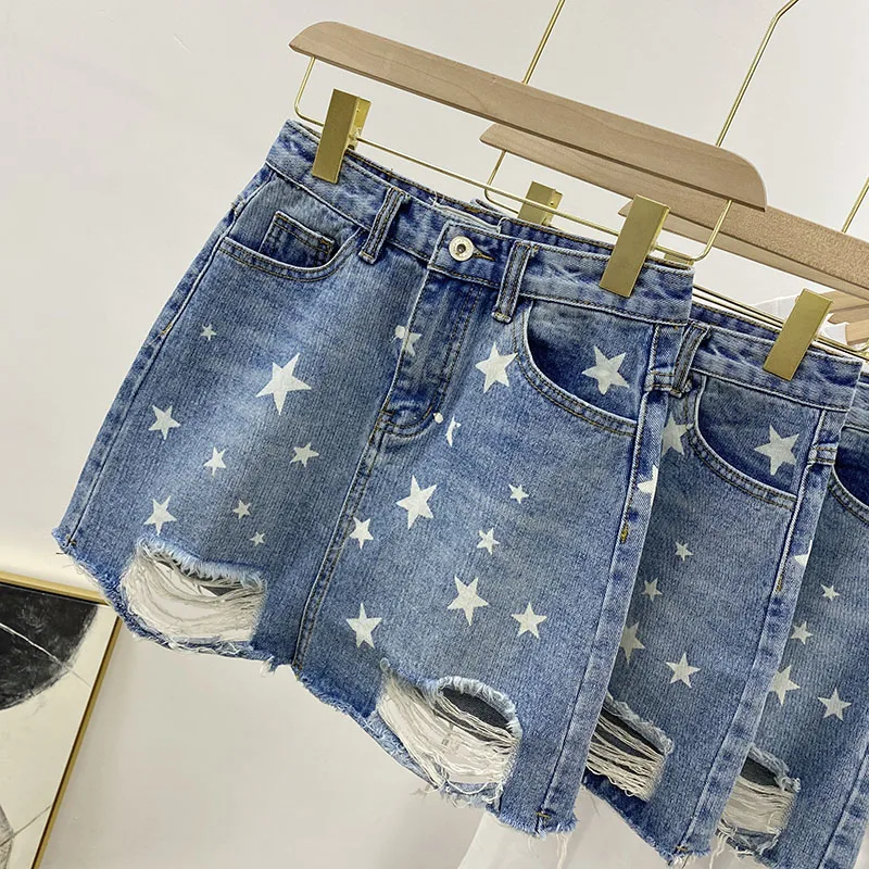 

INS Hot Summer Broken Ripped Stars Blue Denim Short Skirts