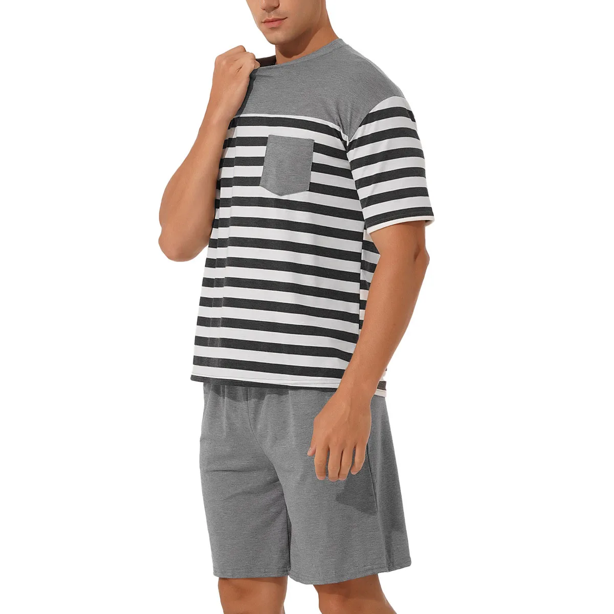 Men's Short Sleeve T-Shirt Pajama Set Stripe with Pockets Sleepwear Casual  Loungewear Home Wear