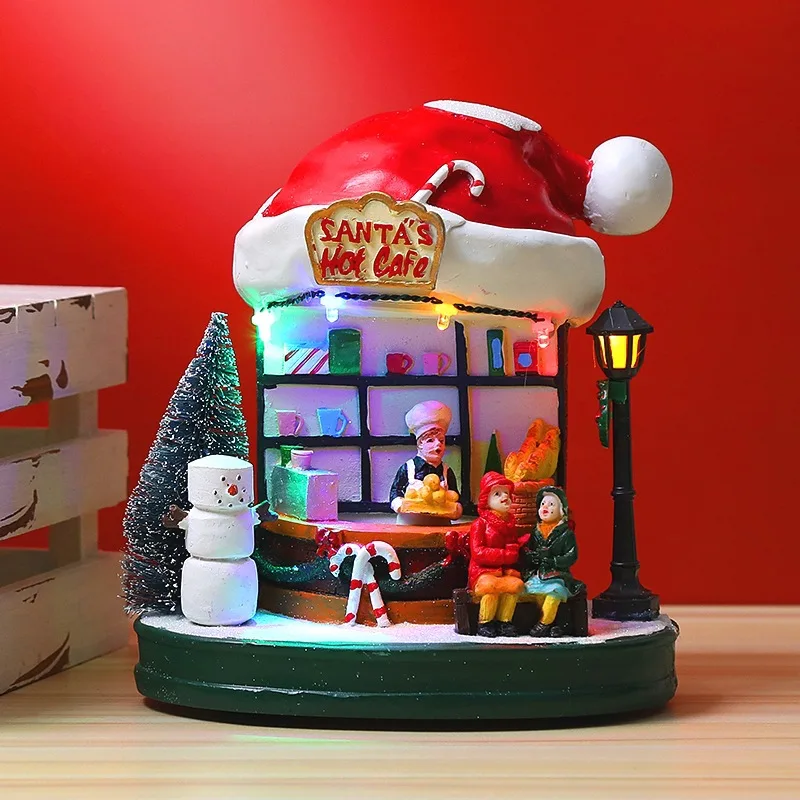 

Glowing Christmas Ornament Creative Santa's Hat Cafe Figurines Painted Resin Xmas Decoration for Home Bedroom Office ALS88