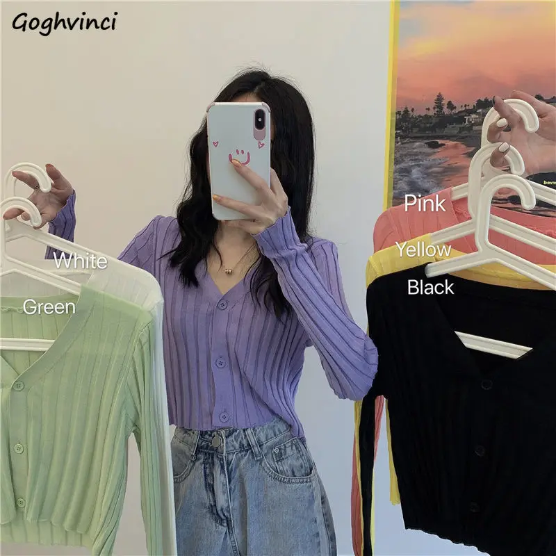 

Cardigan Women Cropped Sweater Elegant V-neck Solid Single Breasted All-match Outwear Ulzzang Fashion Sun-proof Breathable Mujer