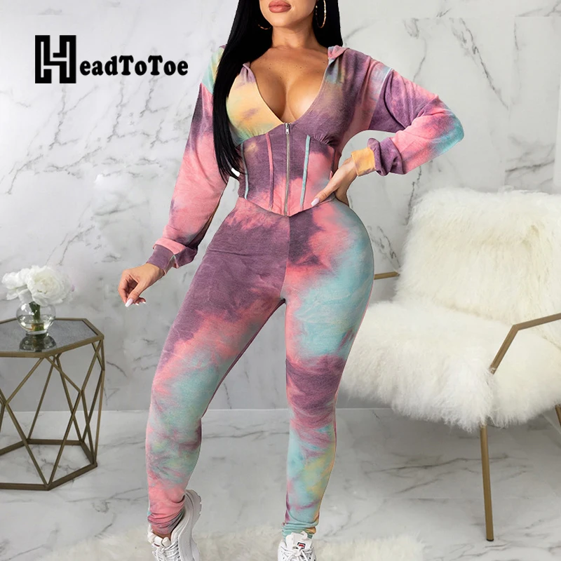 

Tie Dye Print Zip Casual Sweet Romper Woman Full Sleeve Hooded Pencil Jumpsuit Women