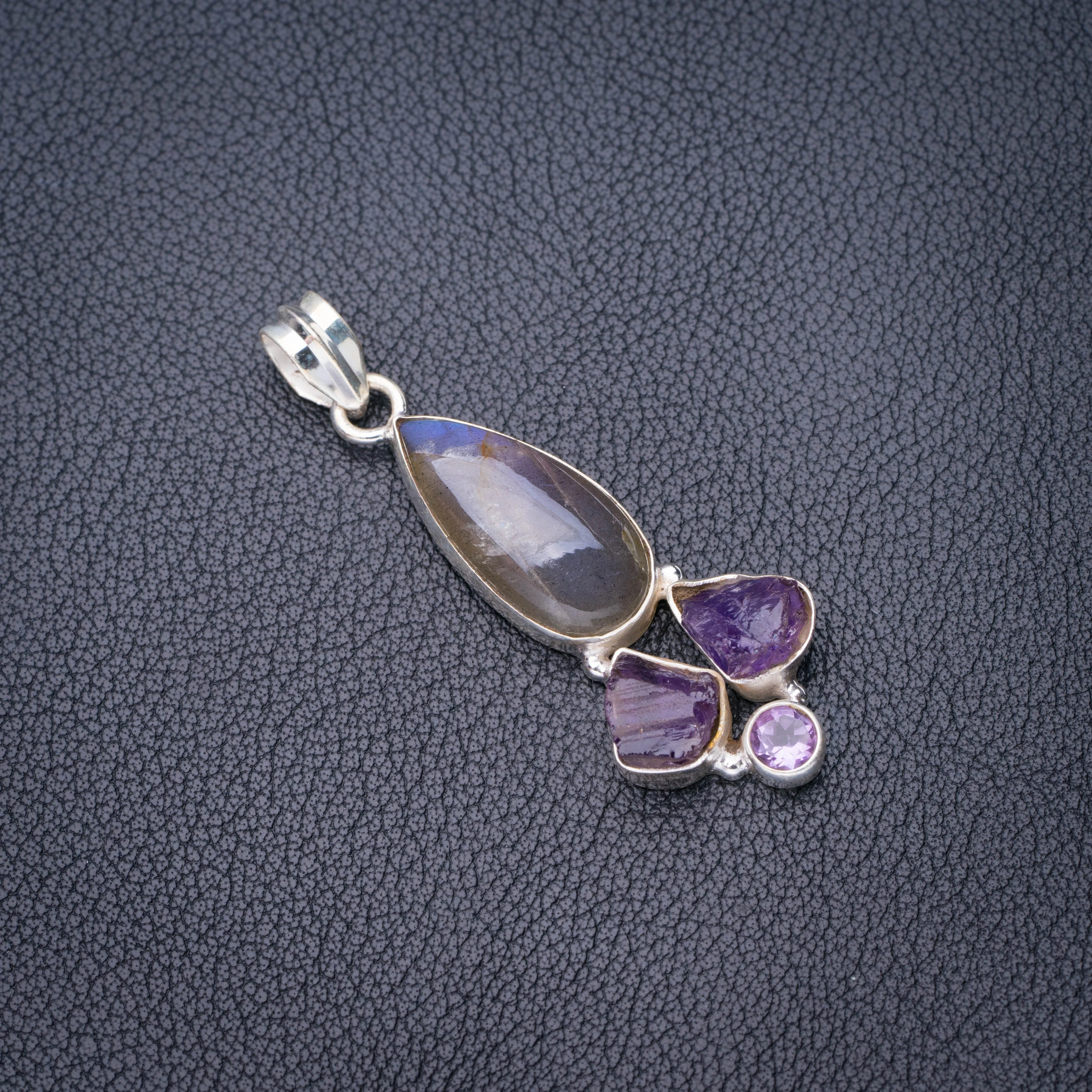 

StarGems натуральный синий огонь Лабрадорит Аметист шероховатый ручной работы 925 пробы серебряный кулон 2 "E3784