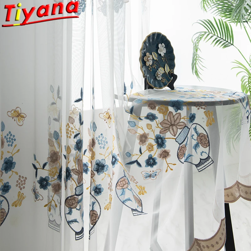 

Blue/Yellow Flowers Embroidery Tulle Curtains for Living Room Vase Pattern Sheer Yarn for Balcony #VT
