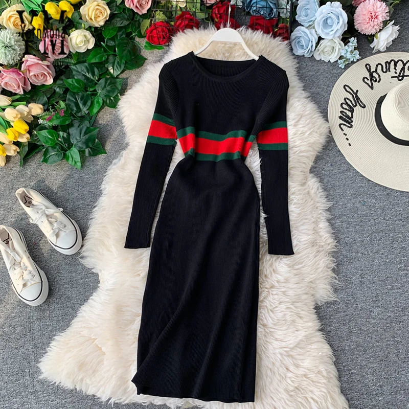 Женское трикотажное платье с круглым вырезом новинка 2019 Осеннее и зимнее