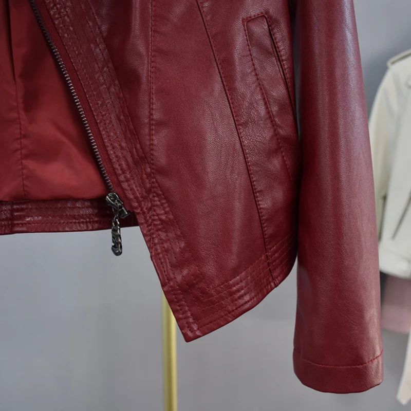 Korean Short Wine Red Washed Faux PU Leather Jacket Female Casual Stand Collar Slim Long Sleeve Streetwear Moto Biker Jacket enlarge