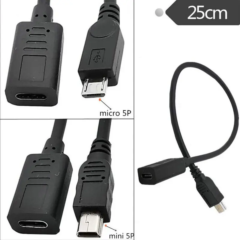 

Mini / micro USB Male to Type-c Female Charge Data Adapter Cable Cord Adapter 25cm