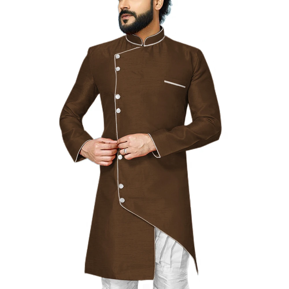 Brown Свадебный мужской халат для жениха, мандарин, воротник, для мужчин, s Indo, Западный, специальный ужин, вечерние, скромное пальто, контрастный цвет, для мероприятий, блейзер, куртка - Color: Brown
