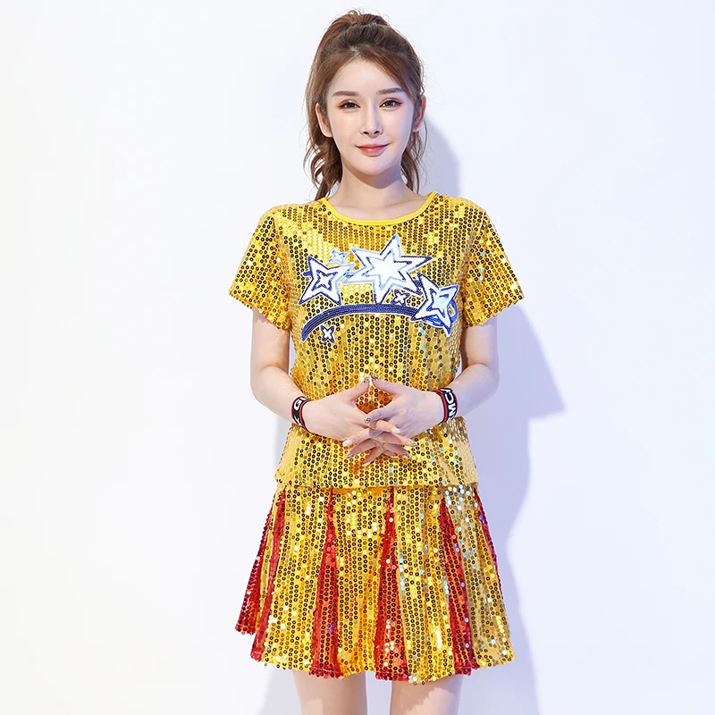 

Modern jazz dance sequins women's performance costume square dance adult cheerleader dance Performance clothing two-piece suit