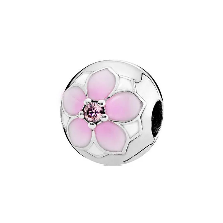 

Real 925 Sterling Silver Original Pan Pink MAGNOLIA BLOOM Flower Crystal Clip Charm Beads for Women DIY Bracelets Jewelry Gift