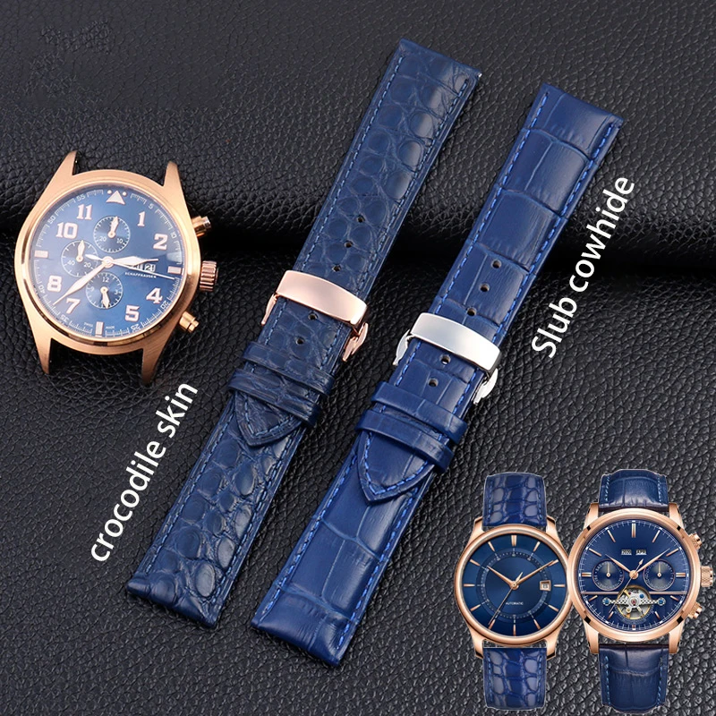 Ремешок для часов из крокодиловой кожи браслет IWC/ Omega /Citizen amelong time wing Blue кожаный