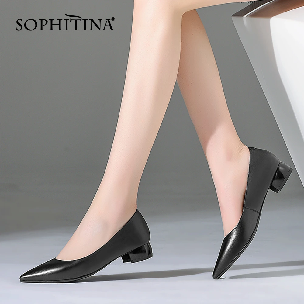 

SOPHITINA Office Lady Dress Pumps Woman Genuine Leather Black Mature Comfortable Pointed Toe Soft Low Square Heel Shoe PO793