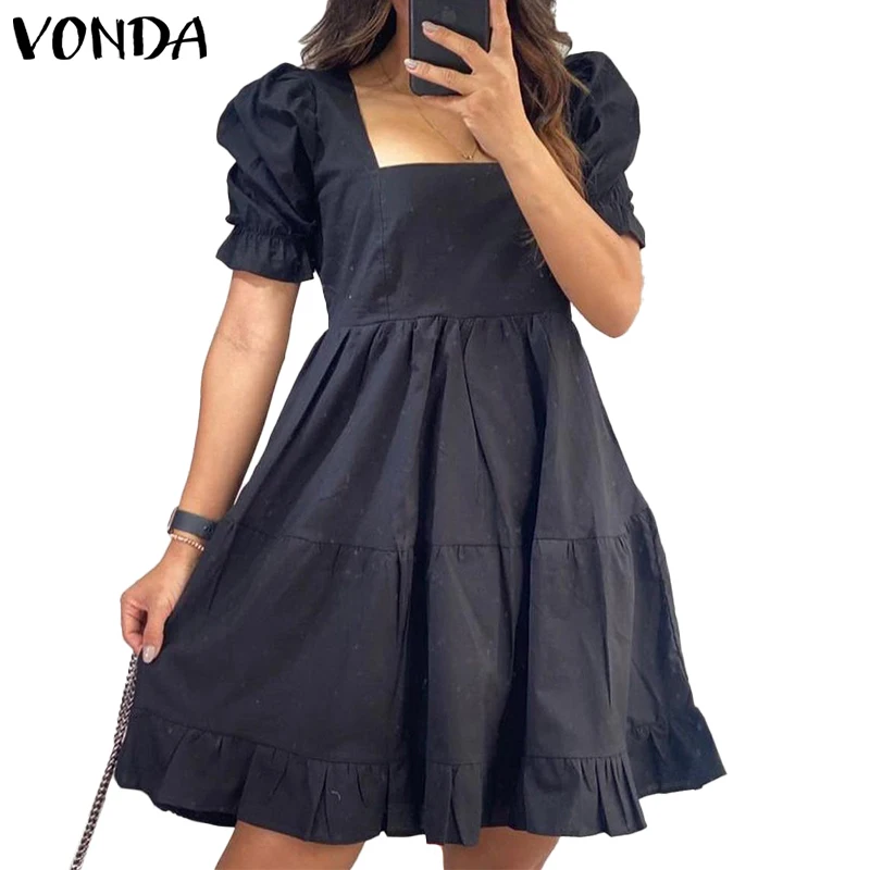 

Women Short Dress 2021 VONDA Holiday Summer Sundress Party Ruffled Square Collar A-line Mini Dress Vestidos