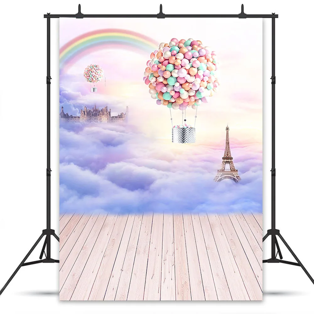Радуги облака и туман замок Эйфелева башня фотографии фон с деревянным полом