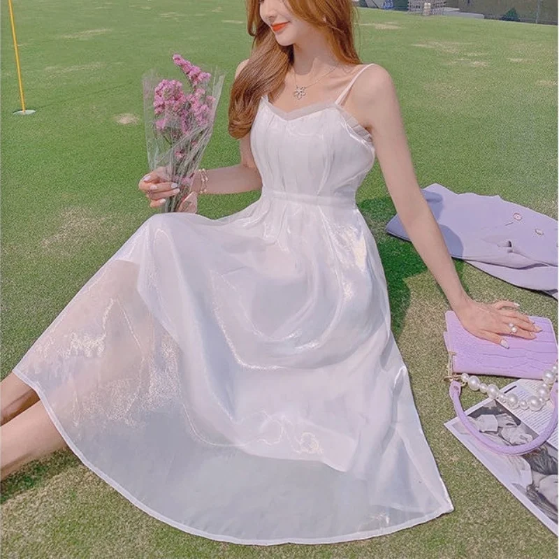 

Women Kawaii Dress Elegant Summer Strap French Vintage Princess Sexy Fairy Dress Female Casual V-neck Party Beach Dress 2021