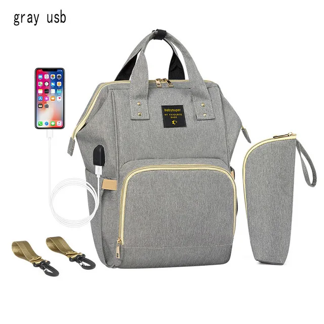 Gray usb Модная мама Материнство сумка для переноски подгузников Водонепроницаемый сумка для подгузников; рюкзак для путешествий USB большой Ёмкость сумка-рюкзак для ухода за ребенком - Цвет: Gray usb