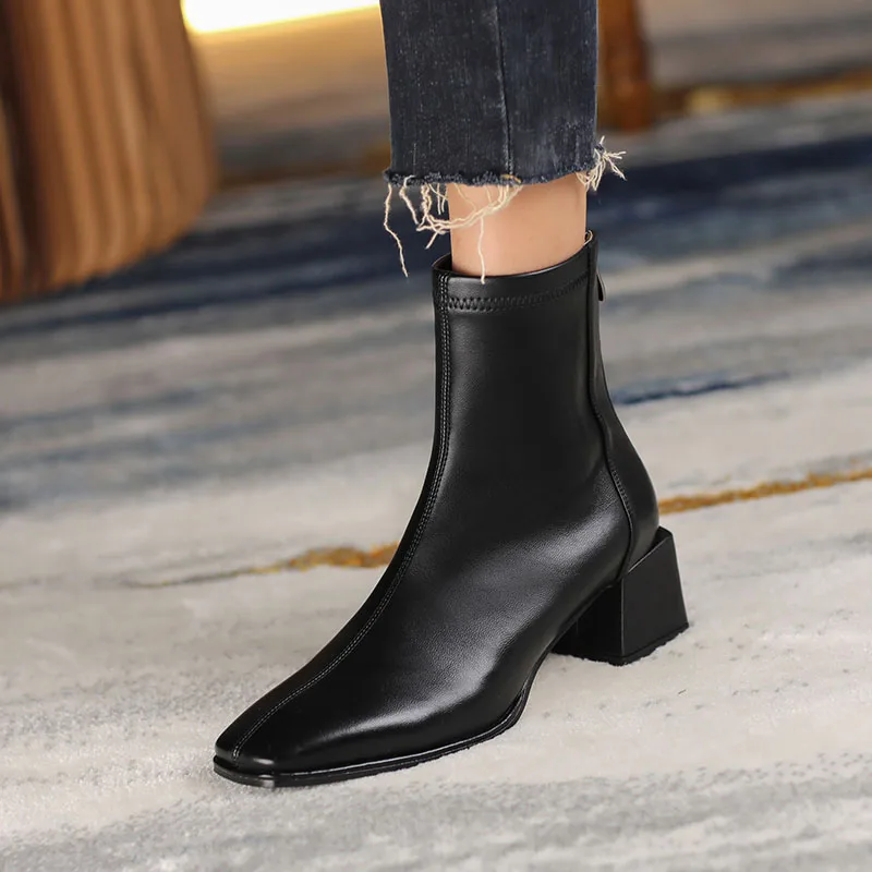 

Rizabina Real Leather Women Ankle Boots Square Toe Thick Heel Zipper Shoes Fashion Solid Color Female Footwear Size 34-40