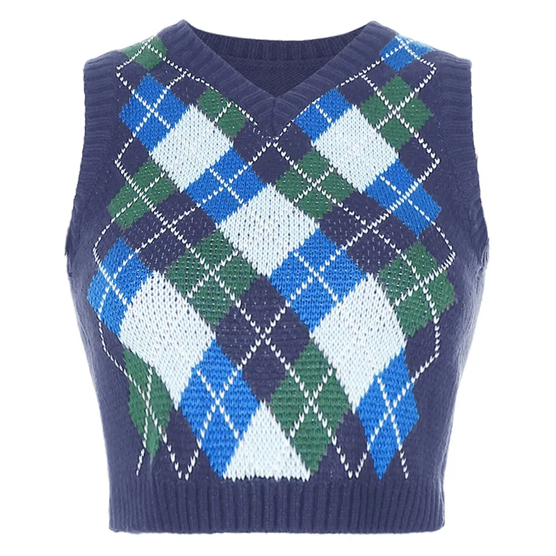 

Vintage Argyle Sweater Vest Women Sleeveless Pullover Elasticity Plaid Knitted Crop Sweaters Casual 2021 Autumn Preppy Style