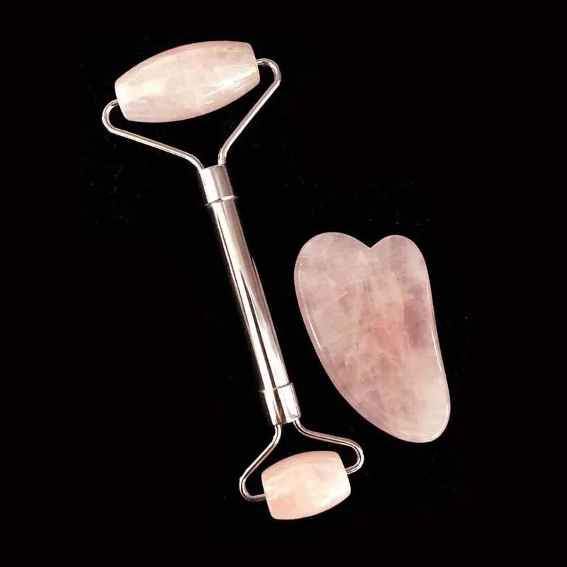 

Rose Quartz Face Thin Massager Natural Stone Guasha Board Jade Roller Pink Crystal Facial Scraper Jade Facial Roller Set XY