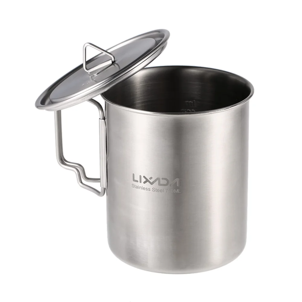 

Lixada 750ml Stainless Steel Pot Portable Water Mug Cup with Lid and Foldable Handle Outdoor Camping Cooking Picnic