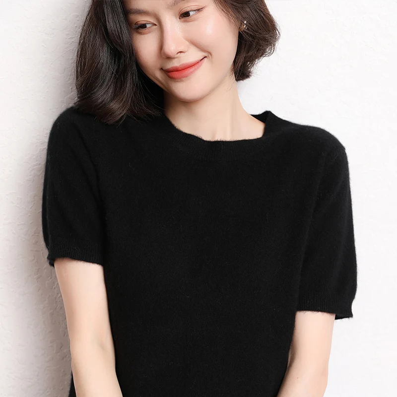 

LONGMING 2021 Knit Top Short Sleeve Women Sweater 100% Cashmere Pullover Knitted Sweater Jumper Women Autumn Wool Sweaters Solid