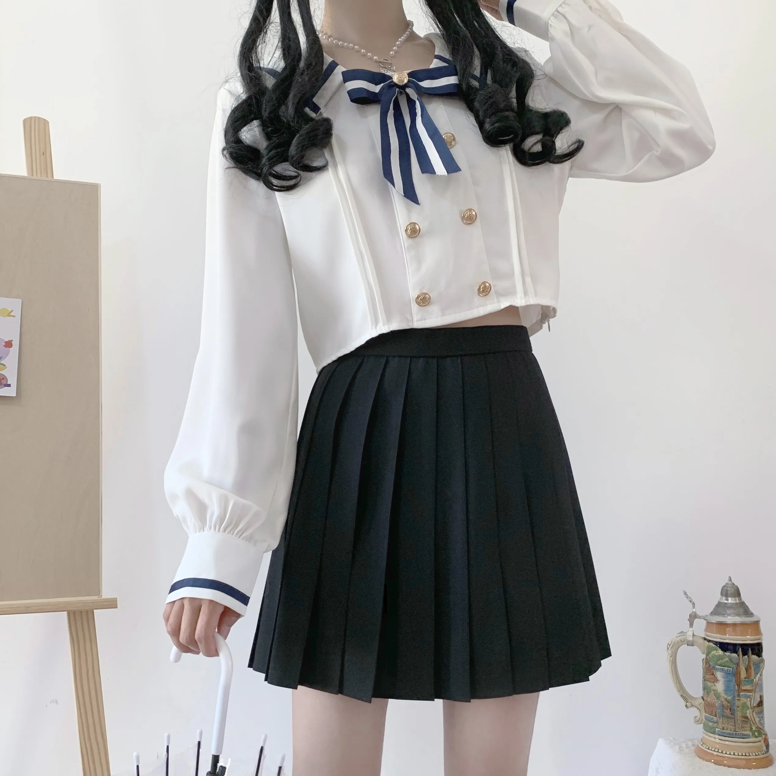 

Bow Collar Long Sleeve Women Blouses Preppy Style Double Breasted Sweet Blouses Casual Female Tops Fairy Dress